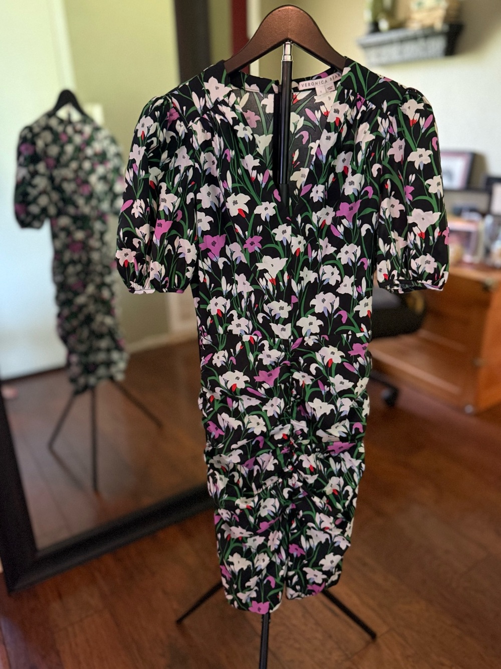 Veronica Beard Ruched Floral Puff Sleeve Mini Dress Size 0